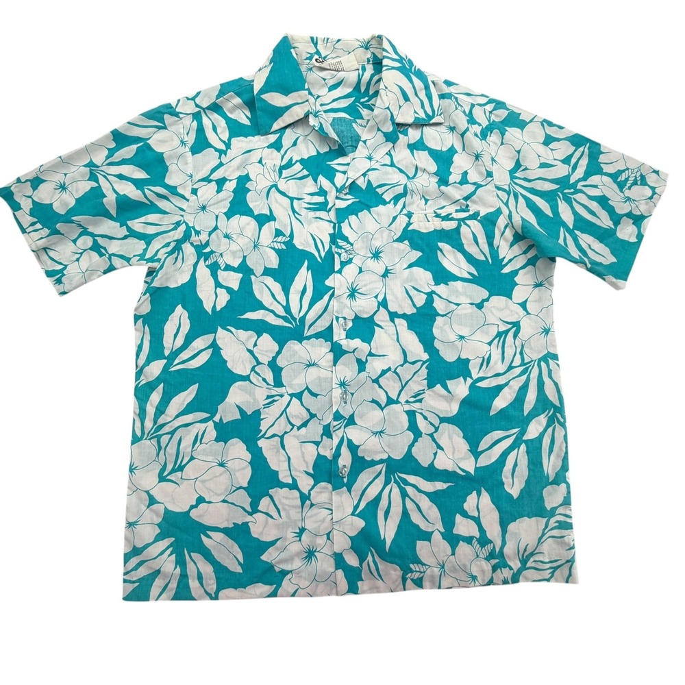 Hilo Hattie Shirt Mens L Blue Short Sleeve Button Up Hawaiian Floral Vintage